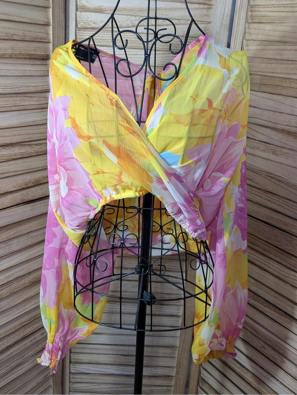 Asos Design Women's Pastel Top Sheer Crop Faux Wrap long Sleeve Sz 10 Fairycore